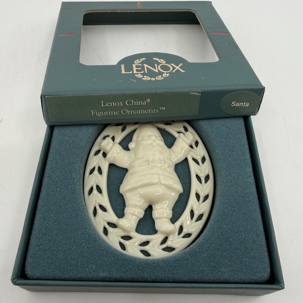 Lenox China Santa Figurine Ornament Vintage Ivory Porcelain Wreath Boxed